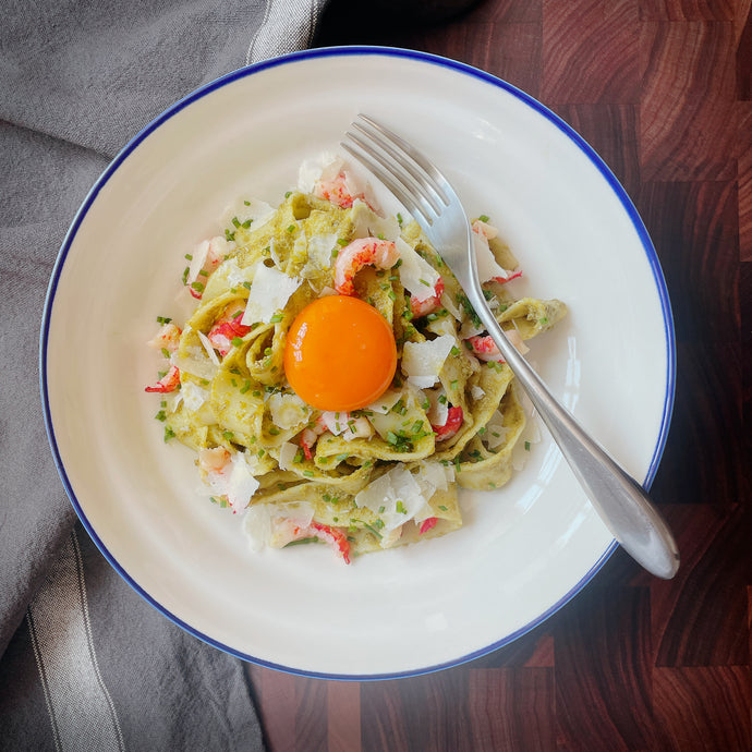 Pesto-Pappardelle With Crayfish And A Confit Egg Yolk