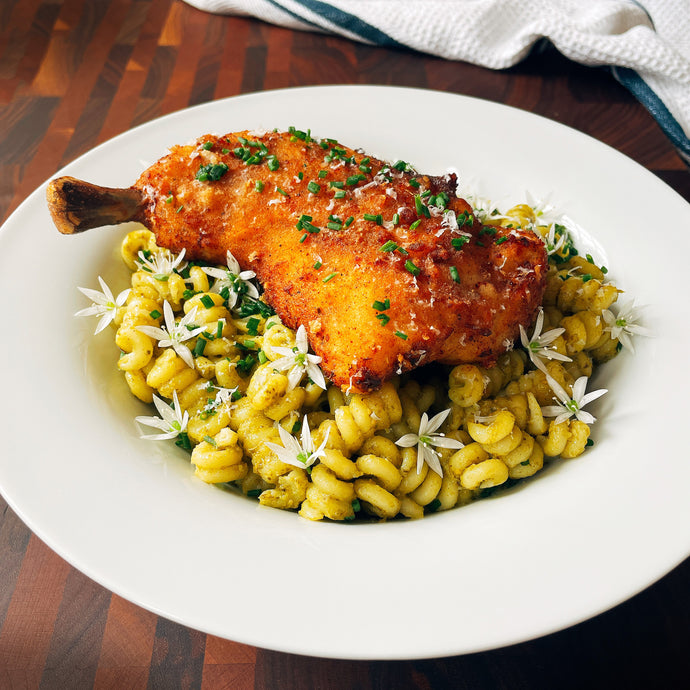 Fusilli Bucati With Pesto And KFC-Style Chicken Leg