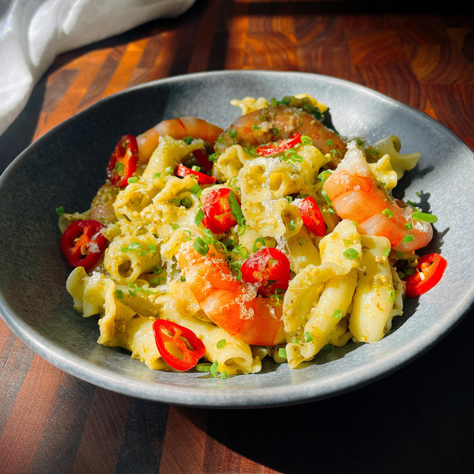 Fiorelli Pasta With Pesto Prawns And Chilli